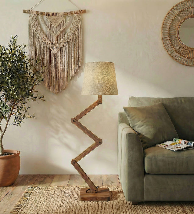 Flex Wooden Floor Lamp with Brown Base and Beige Fabric Lampshade