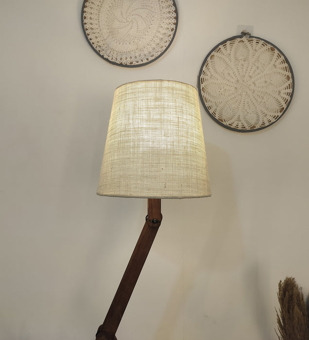 Flex Wooden Floor Lamp with Brown Base and Beige Fabric Lampshade
