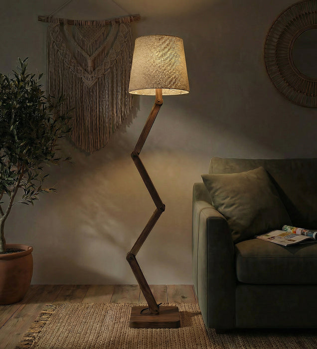 Flex Wooden Floor Lamp with Brown Base and Beige Fabric Lampshade