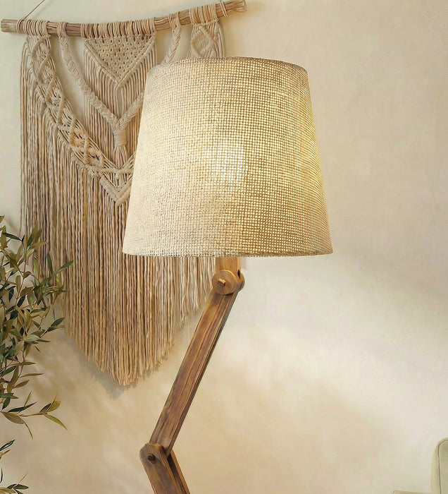 Flex Wooden Floor Lamp with Brown Base and Beige Fabric Lampshade