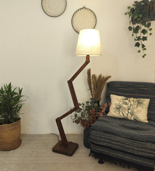 Flex Wooden Floor Lamp with Brown Base and Beige Fabric Lampshade