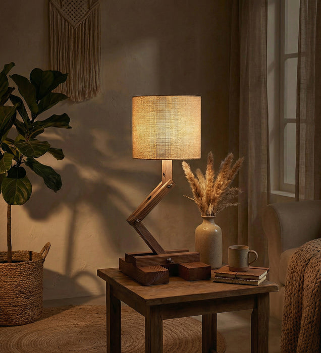 Flex Brown Wooden Table Lamp with Yellow Printed Fabric Lampshade