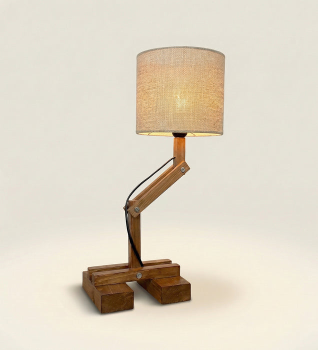 Flex Brown Wooden Table Lamp with Yellow Printed Fabric Lampshade