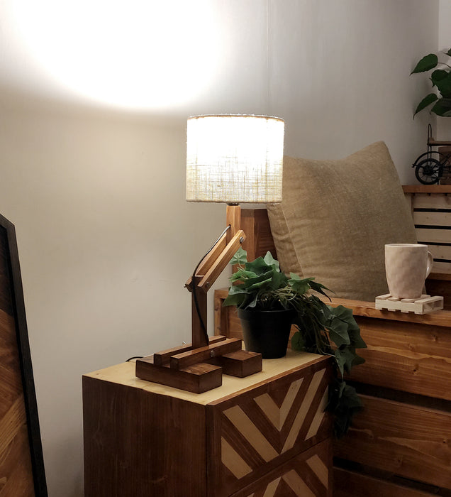 Flex Brown Wooden Table Lamp with Yellow Printed Fabric Lampshade