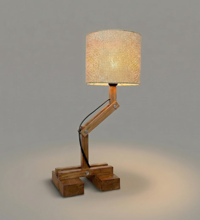 Flex Brown Wooden Table Lamp with Yellow Printed Fabric Lampshade