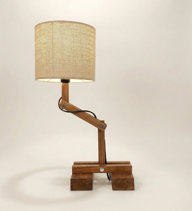 Flex Brown Wooden Table Lamp with Yellow Printed Fabric Lampshade