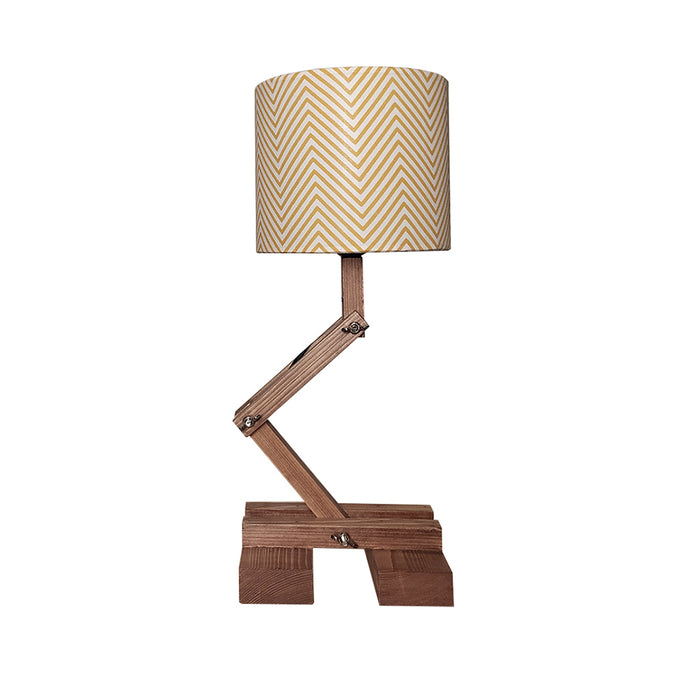 Flex Brown Wooden Table Lamp with Yellow Printed Fabric Lampshade