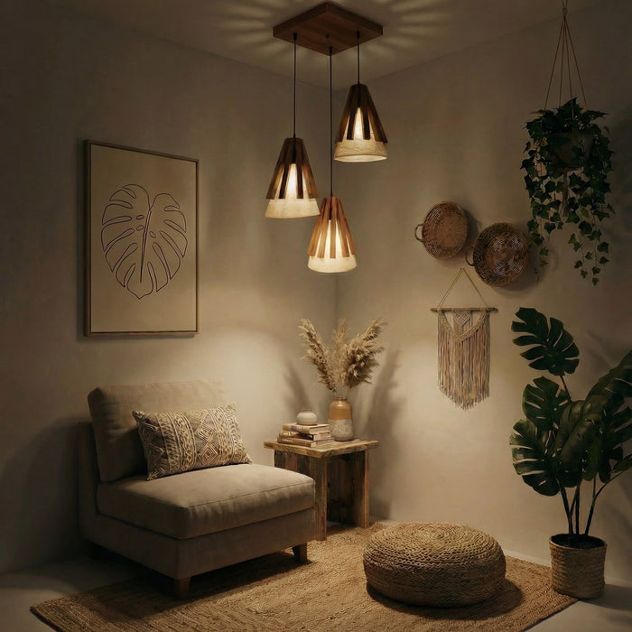 Flue Brown Wooden Cluster Hanging Lamp