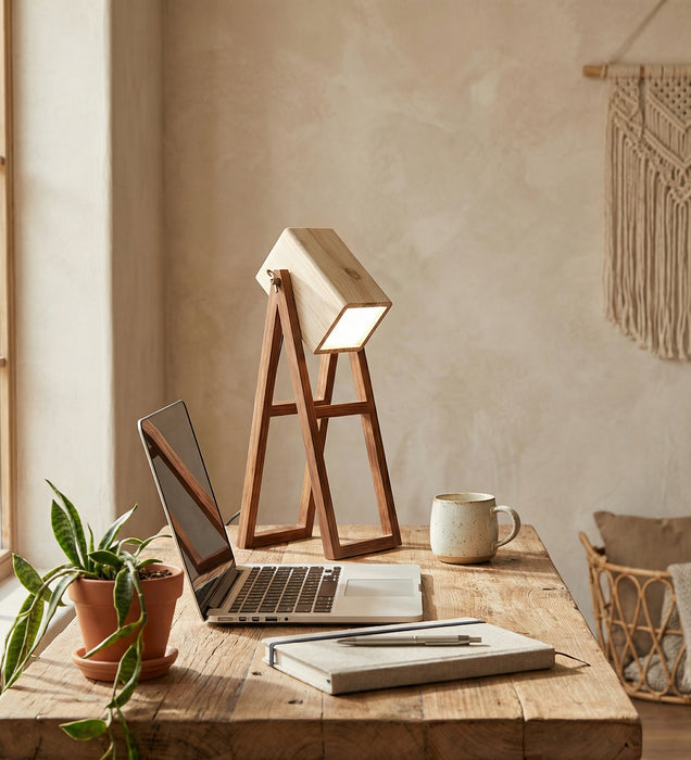 Focal Brown Wooden Table Lamp with Beige Wooden Lampshade