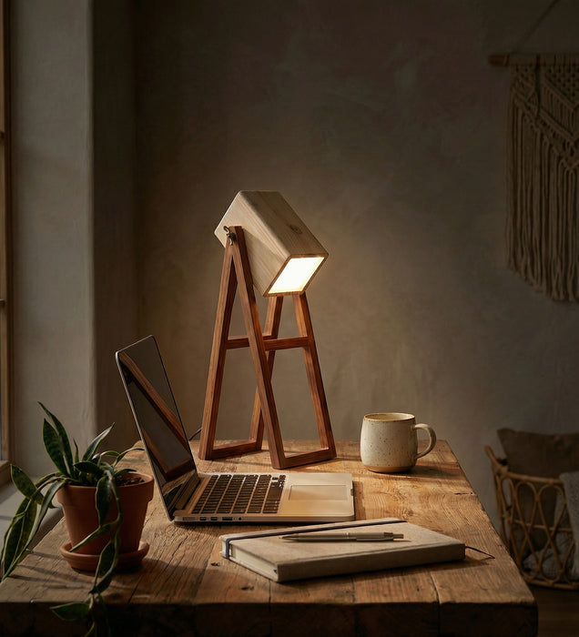 Focal Brown Wooden Table Lamp with Beige Wooden Lampshade