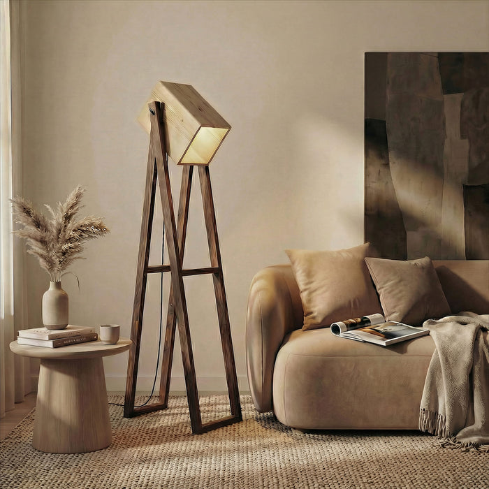Focal Wooden Floor Lamp with Brown Base and Beige Wooden Lampshade