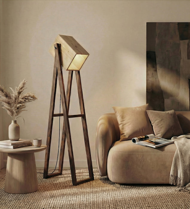 Focal Wooden Floor Lamp with Brown Base and Beige Wooden Lampshade