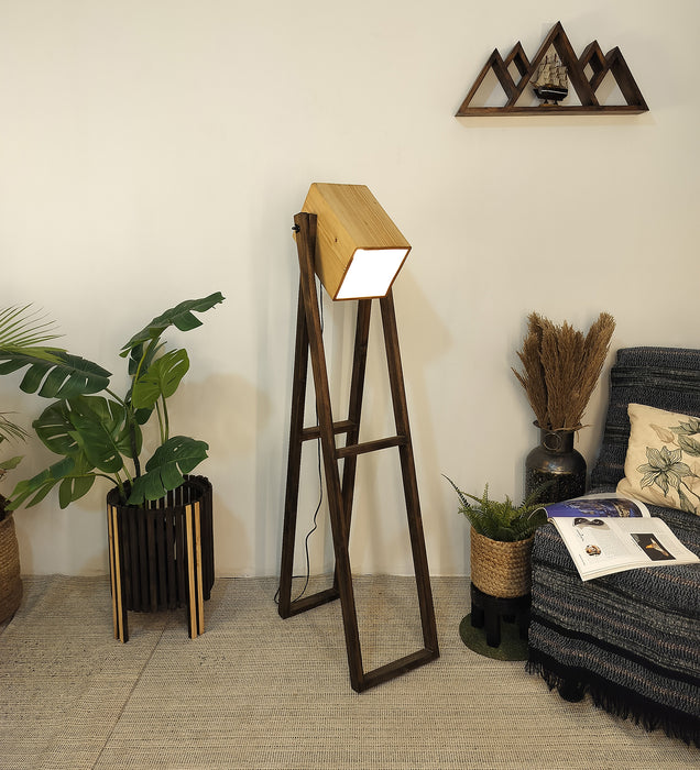 Focal Wooden Floor Lamp with Brown Base and Beige Wooden Lampshade