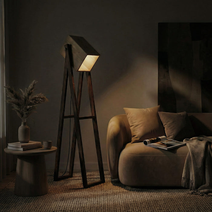 Focal Wooden Floor Lamp with Brown Base and Beige Wooden Lampshade