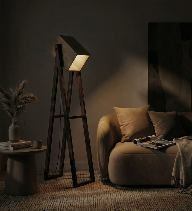 Focal Wooden Floor Lamp with Brown Base and Beige Wooden Lampshade