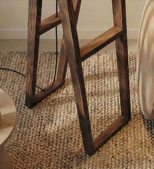 Focal Wooden Floor Lamp with Brown Base and Beige Wooden Lampshade