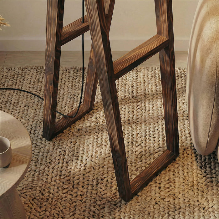 Focal Wooden Floor Lamp with Brown Base and Beige Wooden Lampshade