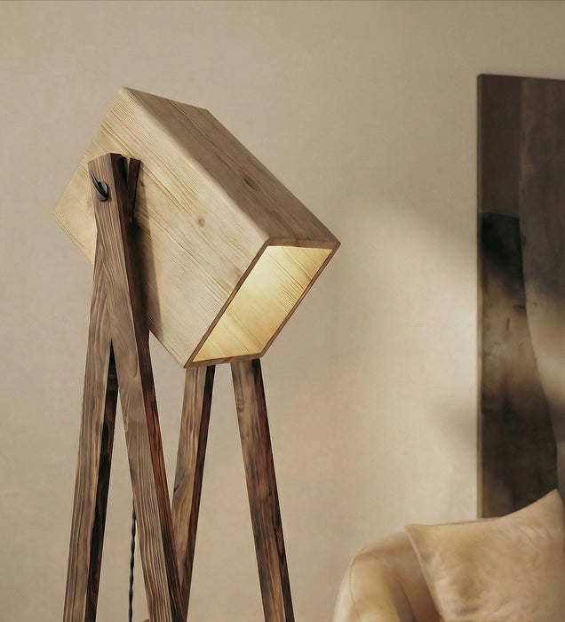 Focal Wooden Floor Lamp with Brown Base and Beige Wooden Lampshade
