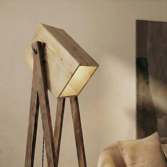 Focal Wooden Floor Lamp with Brown Base and Beige Wooden Lampshade