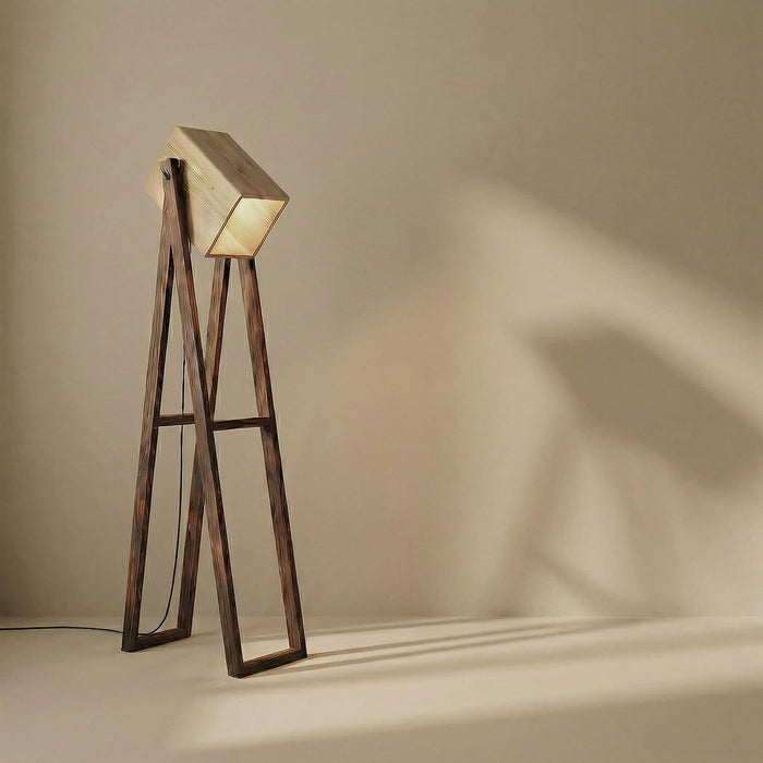 Focal Wooden Floor Lamp with Brown Base and Beige Wooden Lampshade