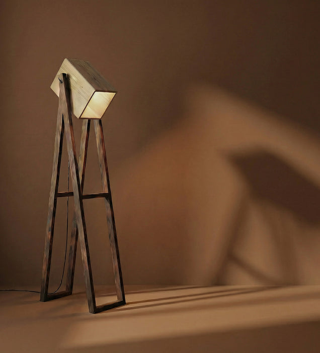 Focal Wooden Floor Lamp with Brown Base and Beige Wooden Lampshade