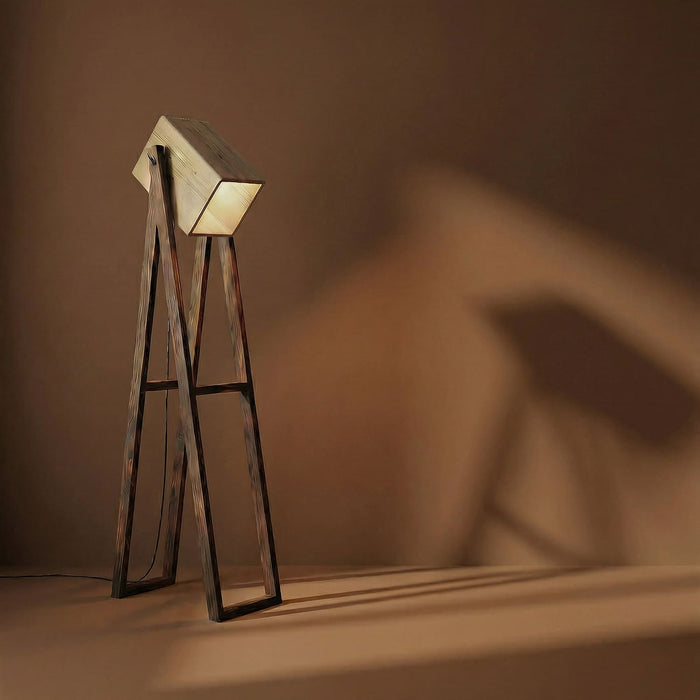 Focal Wooden Floor Lamp with Brown Base and Beige Wooden Lampshade
