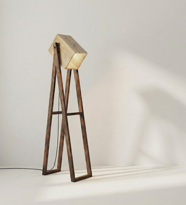 Focal Wooden Floor Lamp with Brown Base and Beige Wooden Lampshade