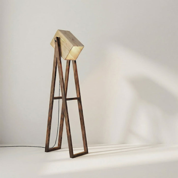 Focal Wooden Floor Lamp with Brown Base and Beige Wooden Lampshade