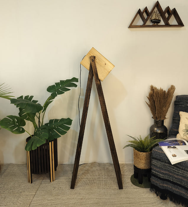 Focal Wooden Floor Lamp with Brown Base and Beige Wooden Lampshade
