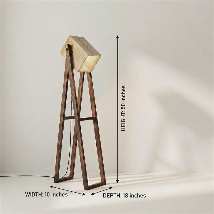 Focal Wooden Floor Lamp with Brown Base and Beige Wooden Lampshade