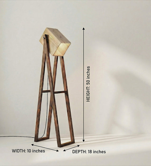 Focal Wooden Floor Lamp with Brown Base and Beige Wooden Lampshade