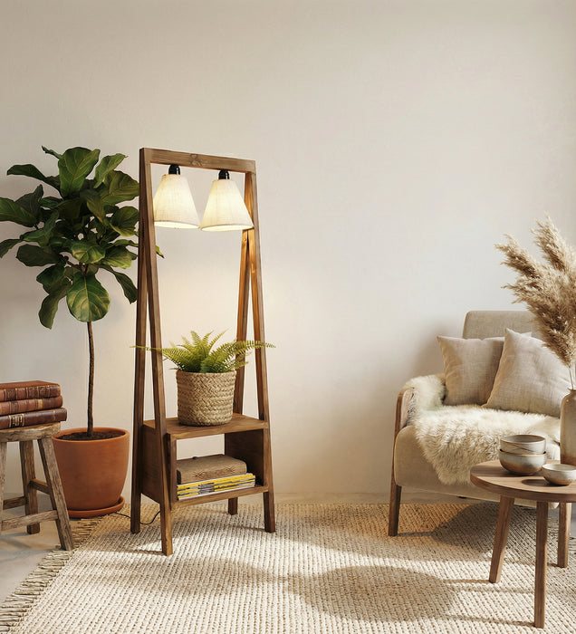 Francis Wooden Floor Lamp with Brown Base and Jute Fabric Lampshade