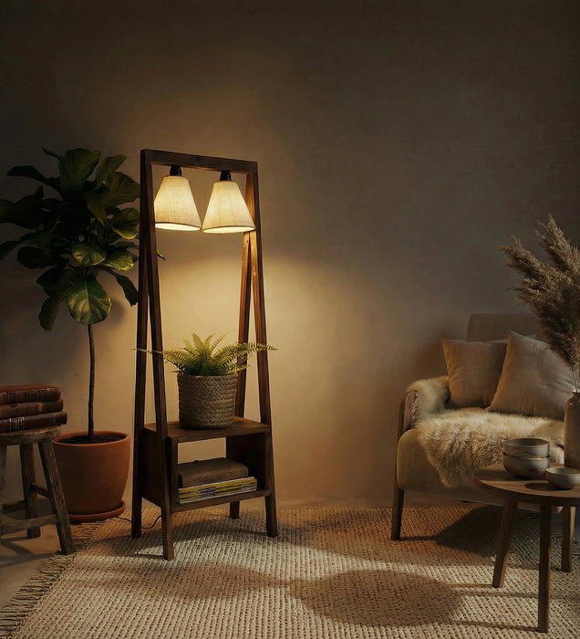 Francis Wooden Floor Lamp with Brown Base and Jute Fabric Lampshade