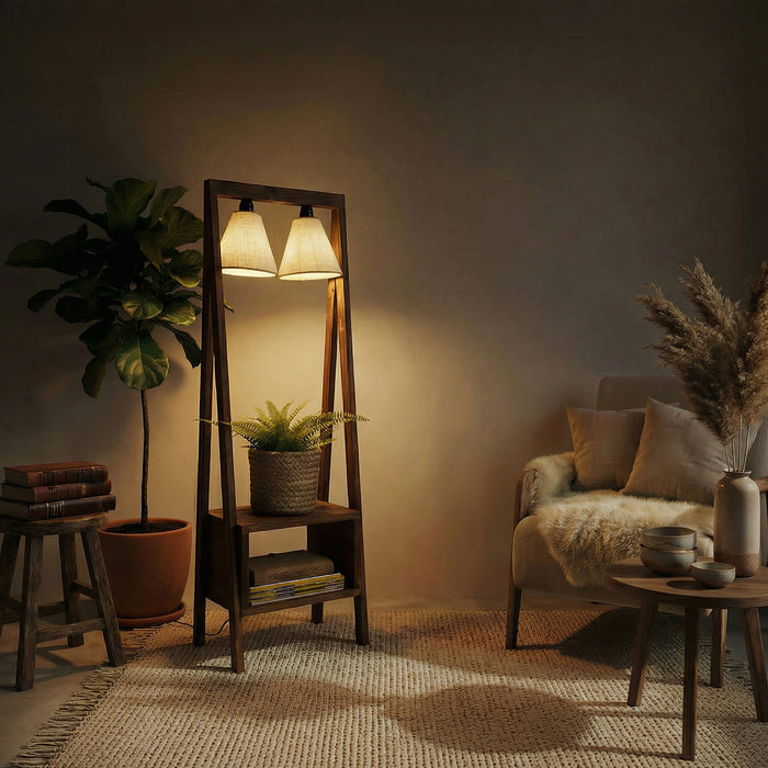 Francis Wooden Floor Lamp with Brown Base and Jute Fabric Lampshade