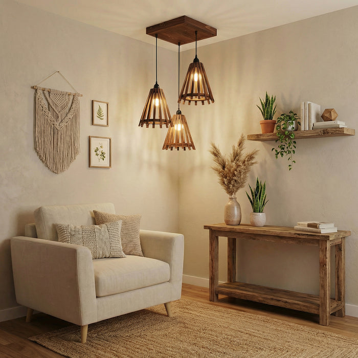 Funnel Brown Wooden Cluster Hanging Lamp
