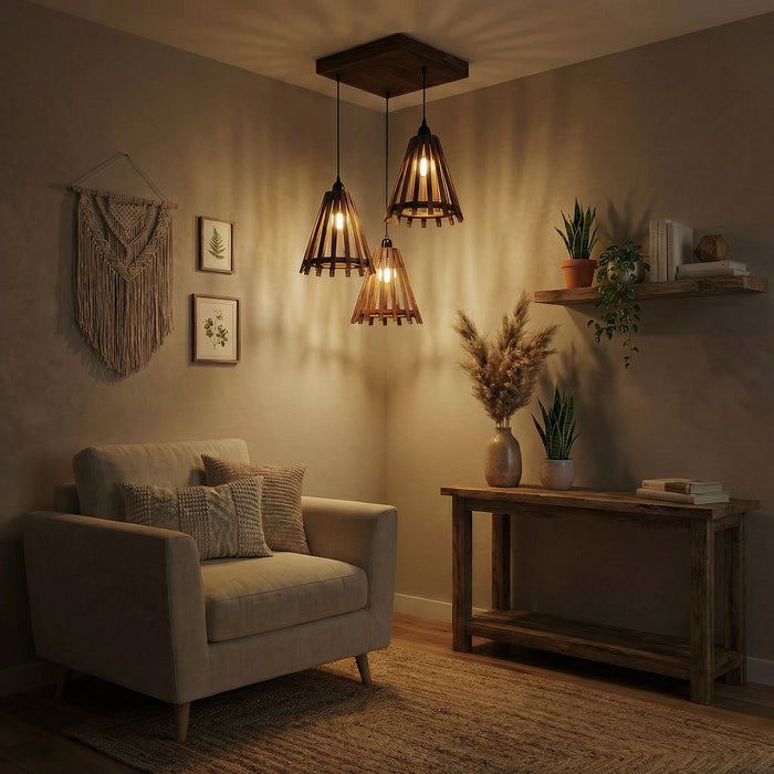 Funnel Brown Wooden Cluster Hanging Lamp
