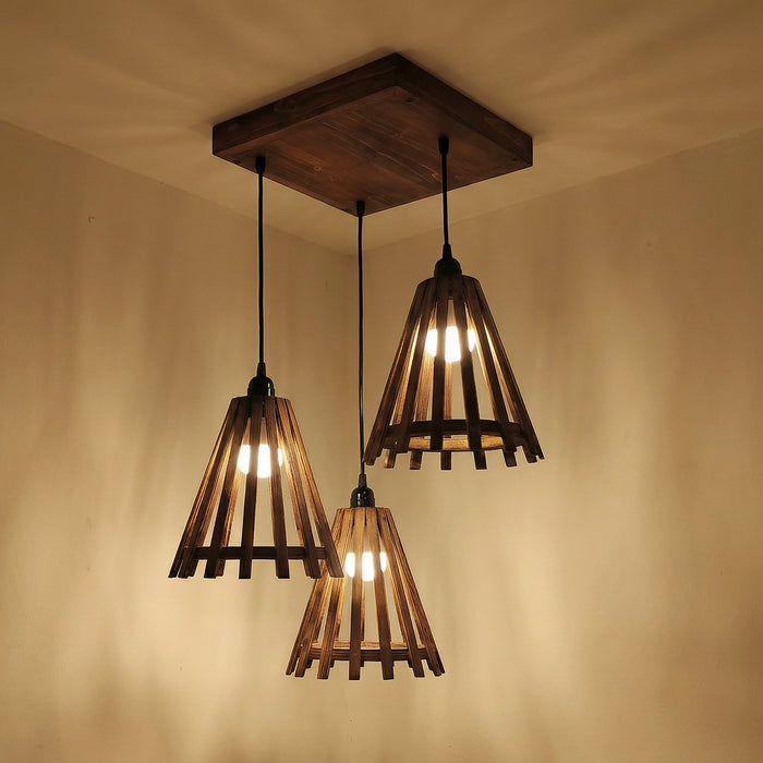 Funnel Brown Wooden Cluster Hanging Lamp
