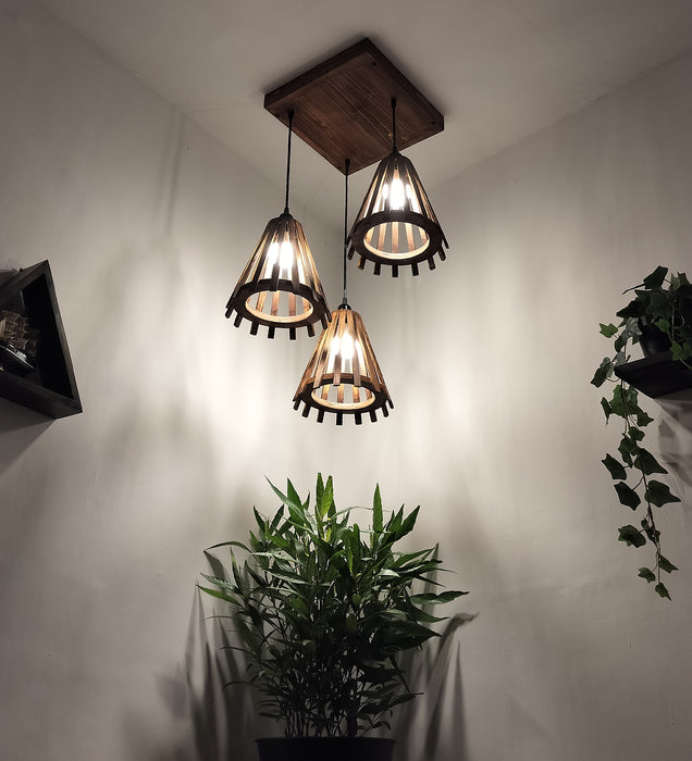 Funnel Brown Wooden Cluster Hanging Lamp