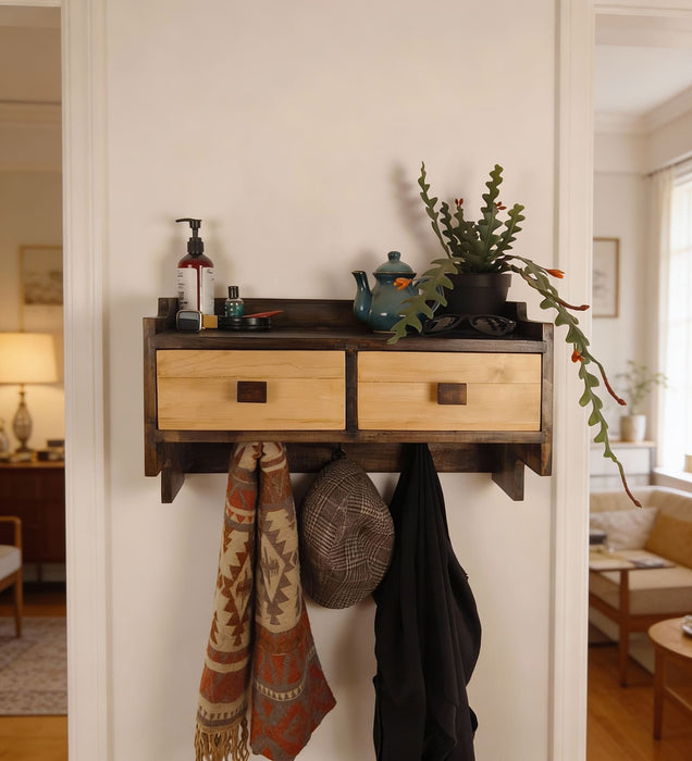 GOLDEN OAK Wooden Wall Shelf with Drawers & Key Holders