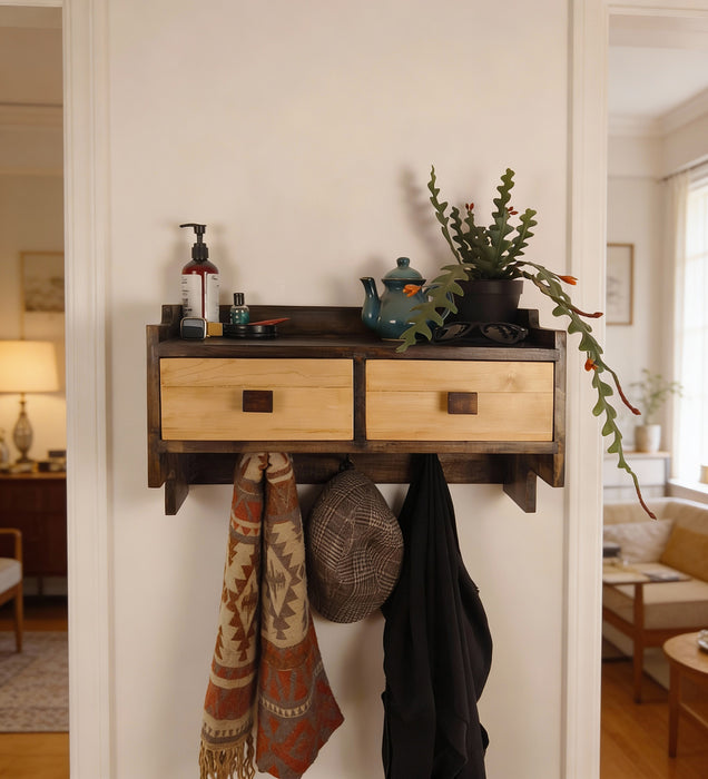 GOLDEN OAK Wooden Wall Shelf with Drawers & Key Holders