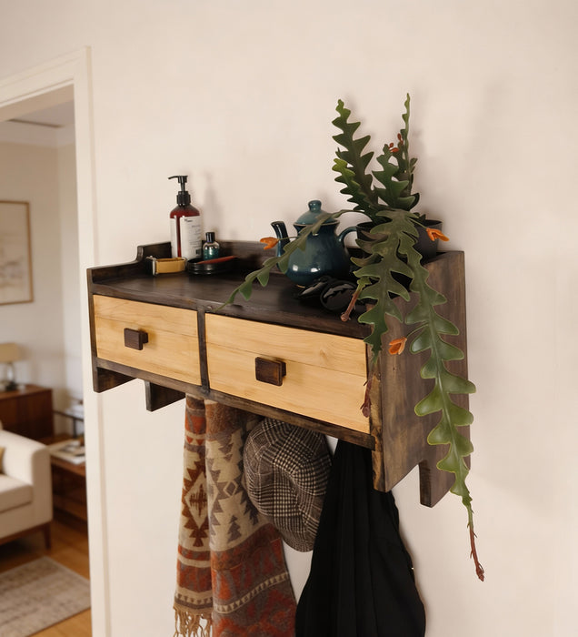 GOLDEN OAK Wooden Wall Shelf with Drawers & Key Holders