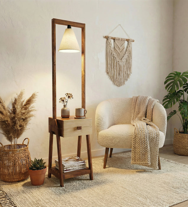Gabrielle Wooden Floor Lamp with Brown Base and Jute Fabric Lampshade