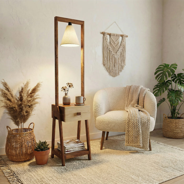 Gabrielle Wooden Floor Lamp with Brown Base and Jute Fabric Lampshade