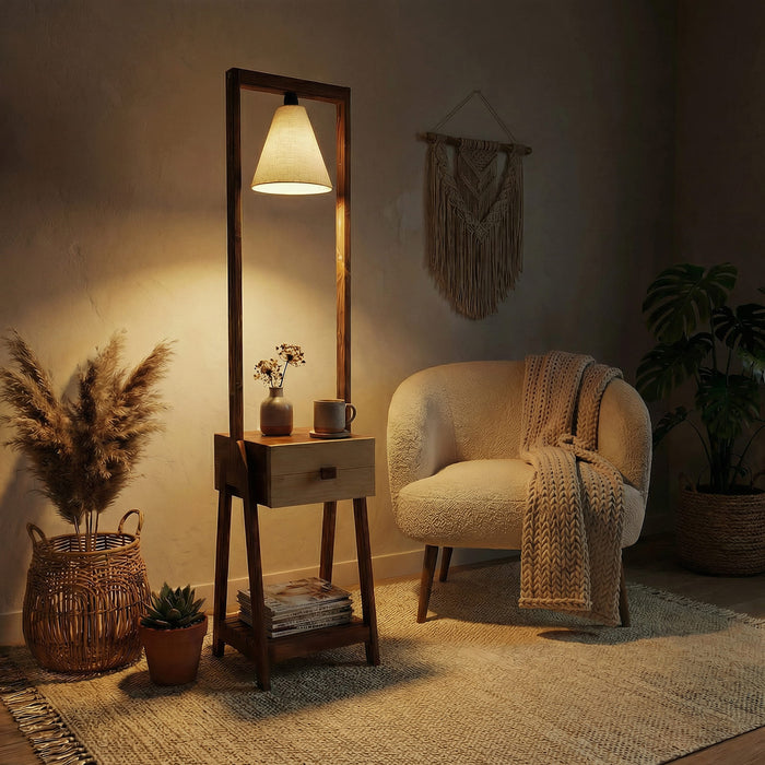 Gabrielle Wooden Floor Lamp with Brown Base and Jute Fabric Lampshade