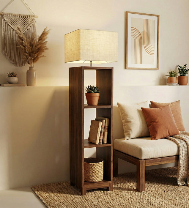 Genevieve Wooden Floor Lamp with Brown Base and Jute Fabric Lampshade