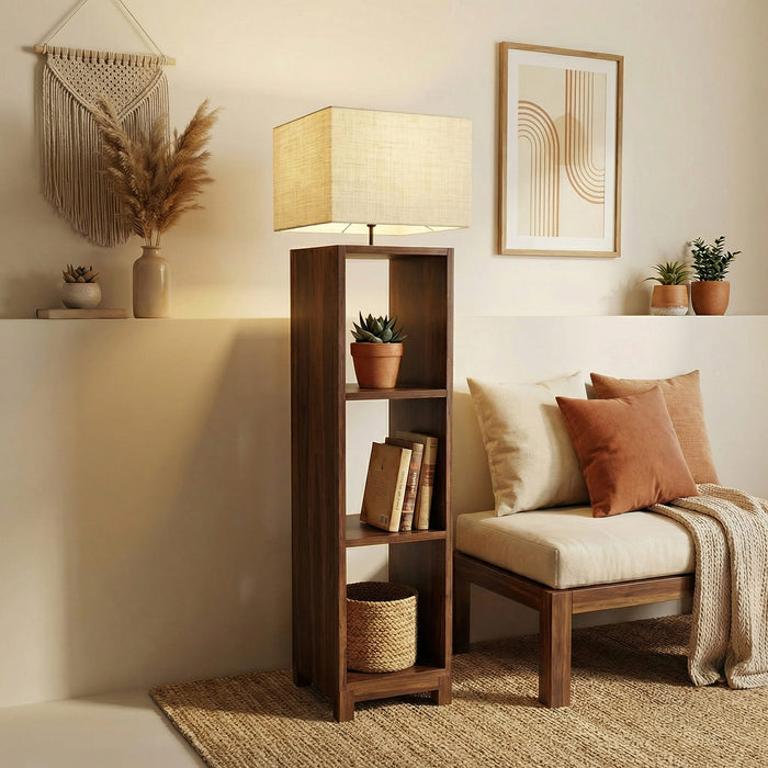 Genevieve Wooden Floor Lamp with Brown Base and Jute Fabric Lampshade