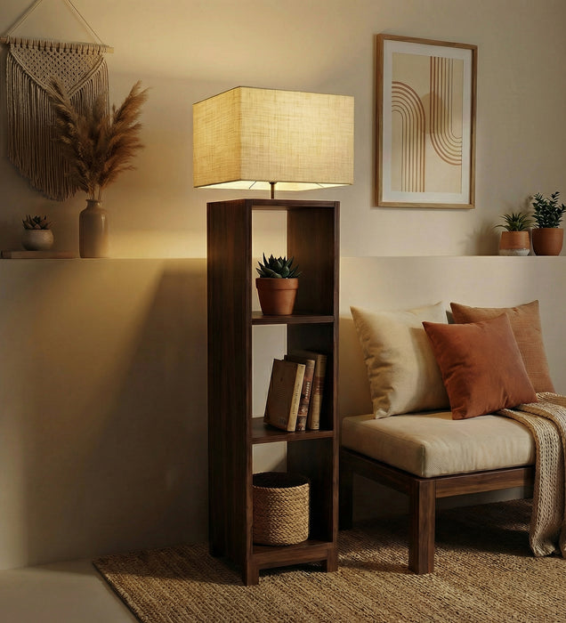 Genevieve Wooden Floor Lamp with Brown Base and Jute Fabric Lampshade