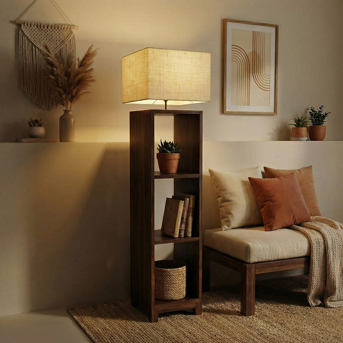 Genevieve Wooden Floor Lamp with Brown Base and Jute Fabric Lampshade