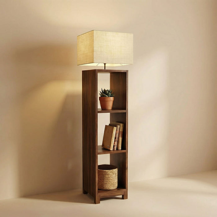 Genevieve Wooden Floor Lamp with Brown Base and Jute Fabric Lampshade