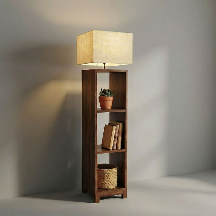 Genevieve Wooden Floor Lamp with Brown Base and Jute Fabric Lampshade